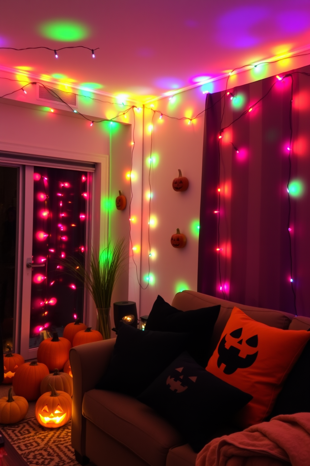 A cozy apartment adorned with string lights in vibrant Halloween colors. The warm glow of the lights casts playful shadows on the walls, creating a festive atmosphere. Pumpkins of various sizes are scattered around the living space, adding a touch of seasonal charm. Black and orange throw pillows are arranged on the sofa, complementing the Halloween theme.