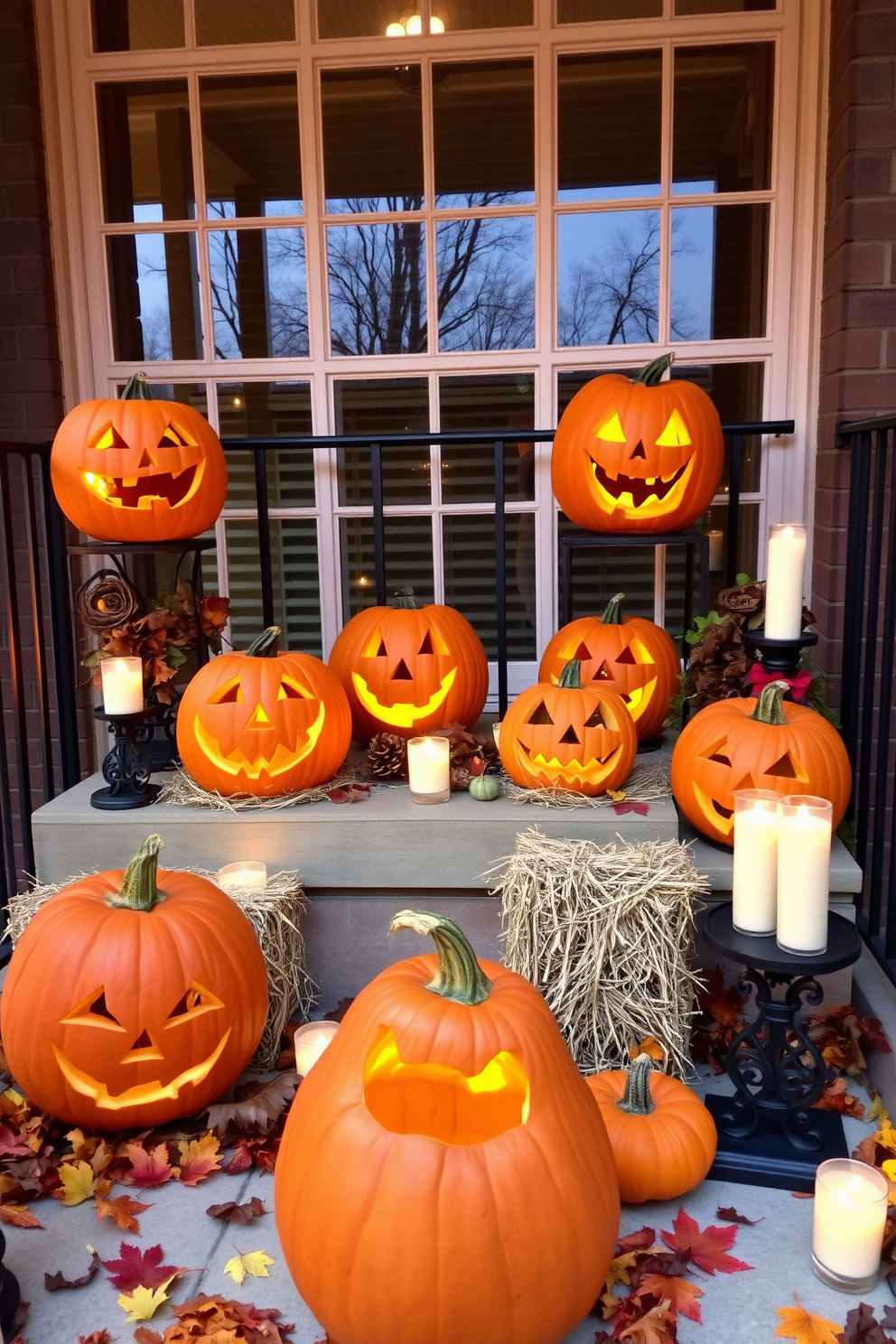 Create a cozy Halloween scene on a balcony or porch featuring several carved jack-o-lanterns with varying expressions. Surround the pumpkins with autumn leaves, small hay bales, and flickering candles to enhance the festive atmosphere.