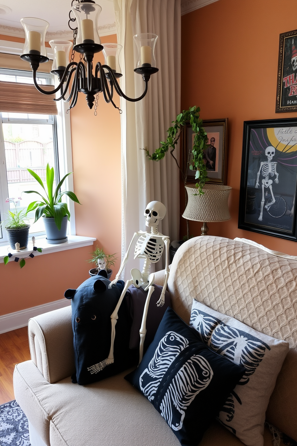 Skeleton decorations are artfully arranged throughout the apartment, creating an eerie yet whimsical atmosphere. A skeleton hangs from a chandelier in the dining room, while smaller skeleton figurines peek out from behind potted plants on the windowsill. In the living room, a skeleton is draped over the arm of the couch, blending seamlessly with the cozy decor. The walls are adorned with spooky artwork, and a skeleton-themed throw pillow adds a playful touch to the seating area.