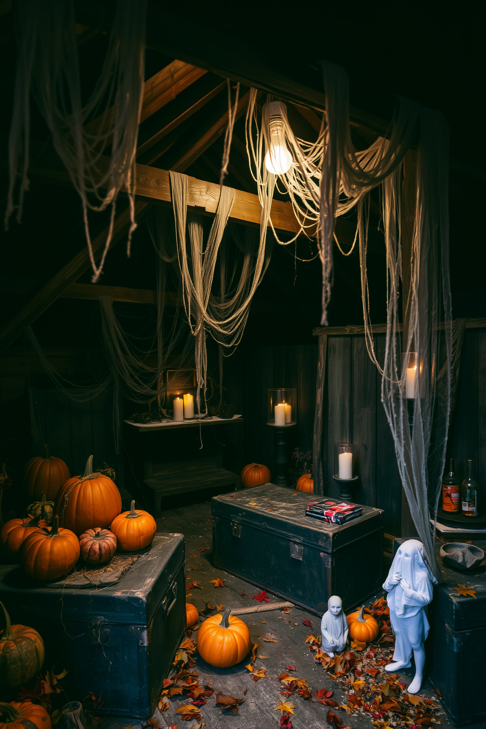 A spooky attic setting adorned with eerie spider webs stretching across the ceiling. Dim lighting casts shadows on the walls, enhancing the haunting atmosphere of the Halloween decor.