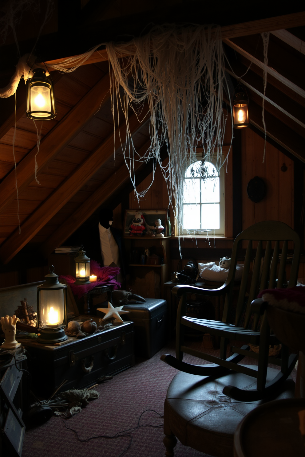 A spooky attic adorned with creepy candles casting flickering flames. Shadows dance on the walls as cobwebs hang from the rafters, creating an eerie atmosphere perfect for Halloween.