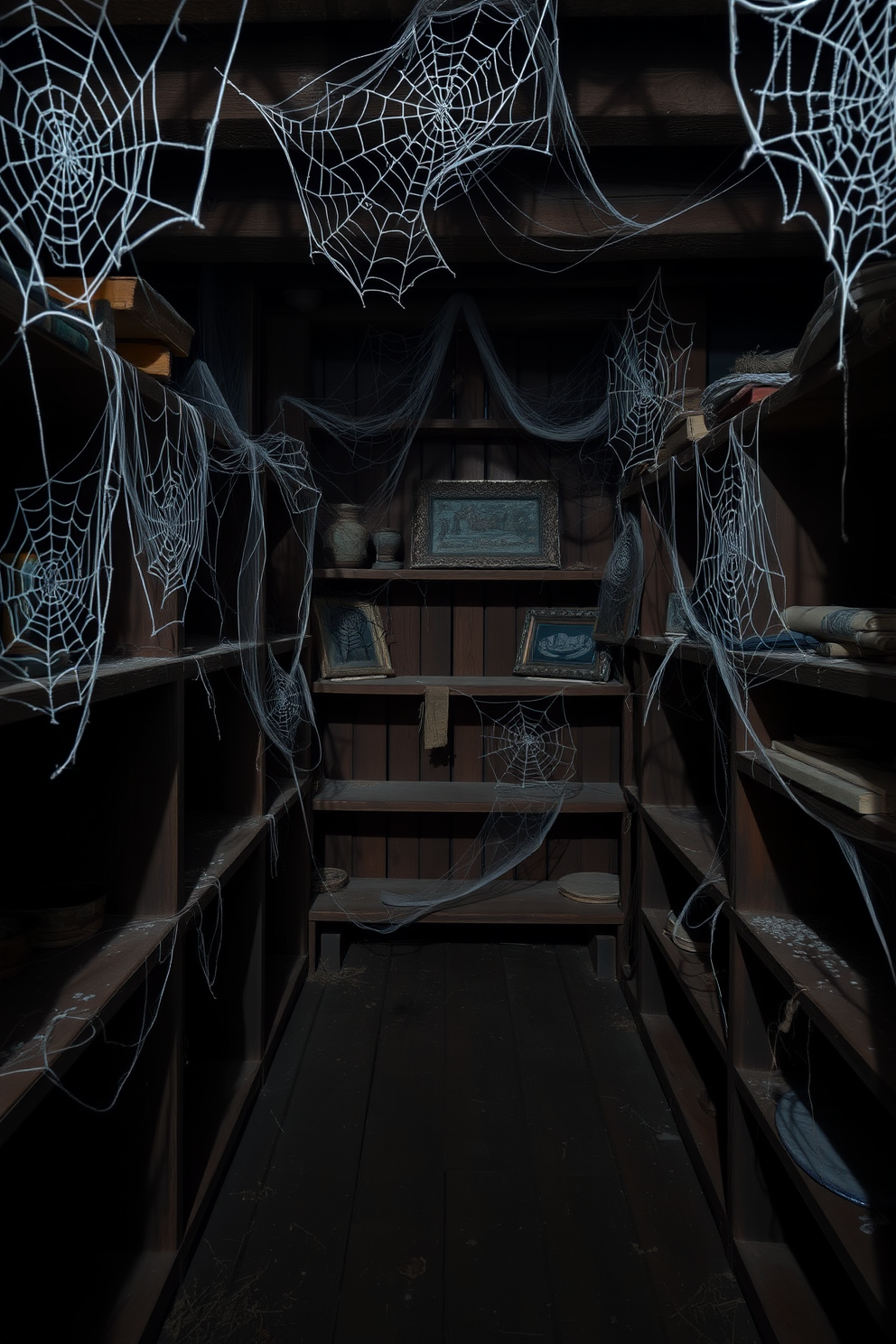 A spooky Halloween attic setting filled with mystery. Shadows dance on the walls as skeletons peek out from the corners, their bony fingers gripping the edges of old wooden beams. Cobwebs drape from the rafters, creating an eerie atmosphere. Vintage trunks and dusty decorations add to the haunting charm, inviting guests to explore the secrets hidden within.