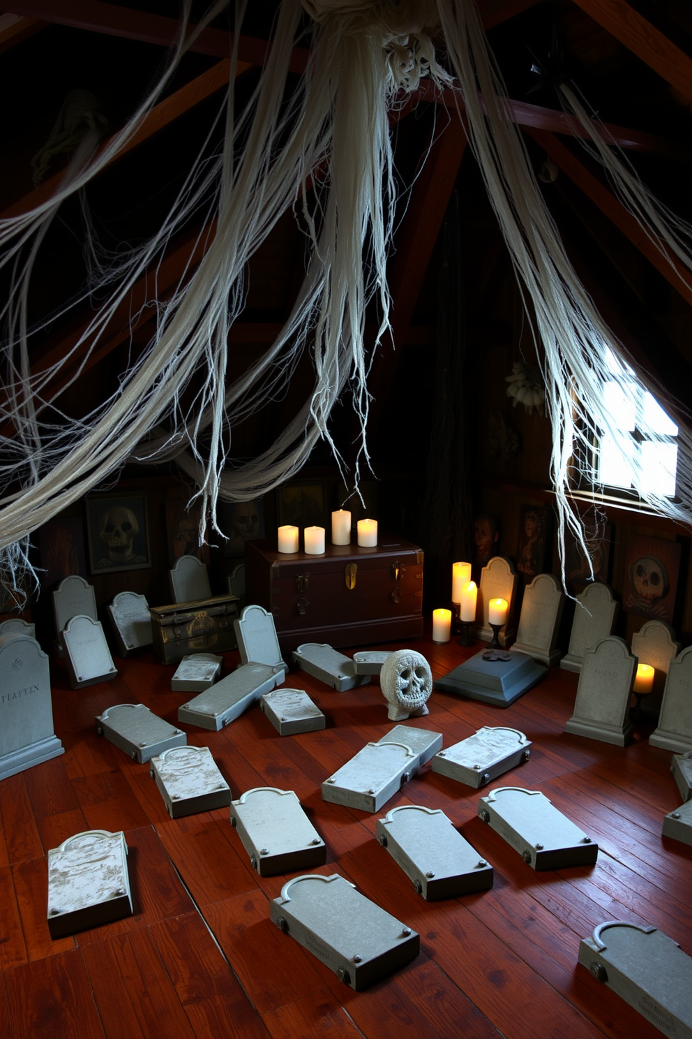 A spooky attic setting adorned for Halloween. Bats dangle from the rustic ceiling beams, casting eerie shadows across the room. The walls are draped with dark fabric, creating a haunting atmosphere. Cobwebs stretch across the corners, while flickering candles provide a ghostly glow.