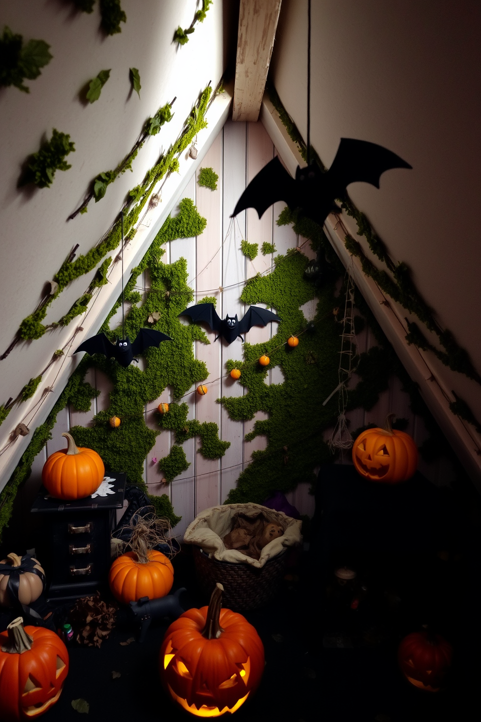 A cozy living room featuring Halloween-themed throw pillows scattered on a plush sofa. The pillows showcase various designs, including pumpkins, ghosts, and spooky patterns, adding a festive touch to the space. An enchanting attic transformed into a Halloween haven, adorned with cobwebs and hanging bats. Vintage trunks and old books are creatively arranged, while flickering candlelight casts eerie shadows throughout the room.