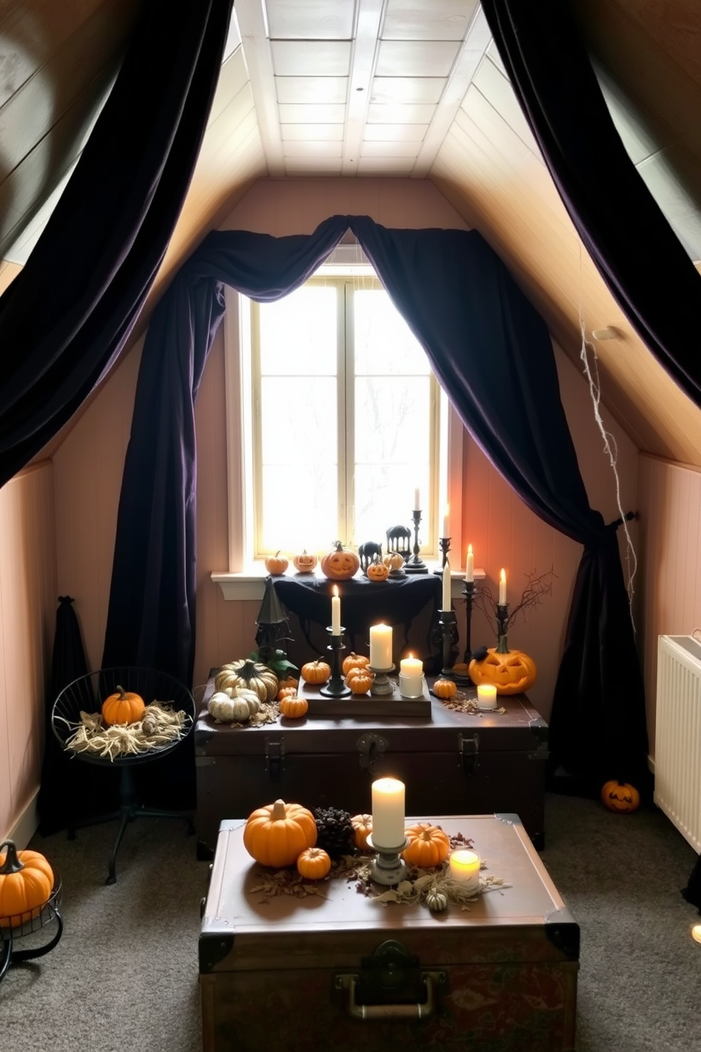 A cozy attic space transformed for Halloween. The room is dimly lit with flickering candles and adorned with cobwebs, while spooky music plays softly in the background. Vintage trunks are stacked in one corner, filled with eerie decorations. A ghostly figure hangs from the ceiling, and carved pumpkins are scattered throughout, adding to the festive atmosphere.