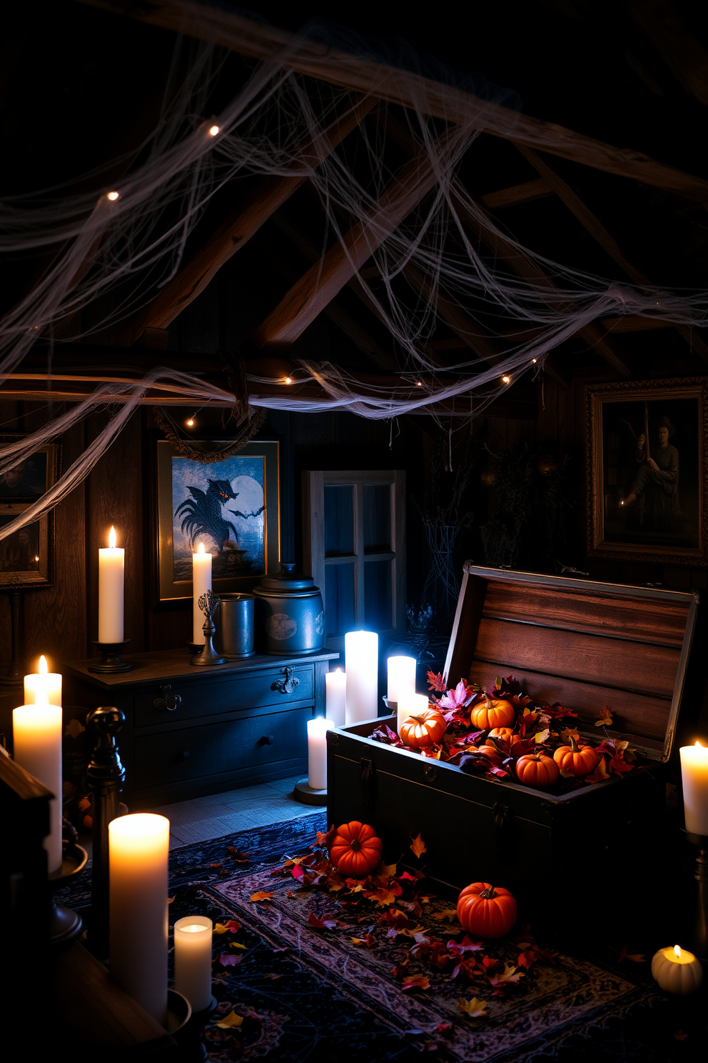 A cozy attic space adorned with hanging lanterns casting spooky silhouettes. The wooden beams are draped with cobwebs, and scattered pumpkins add a festive touch to the eerie ambiance.