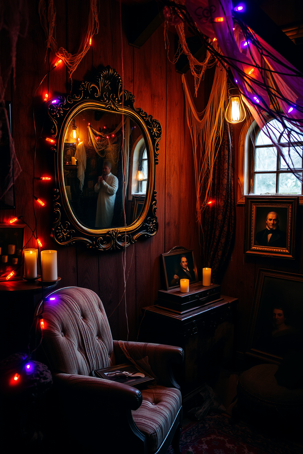 A rustic attic space decorated for Halloween. The walls are adorned with hand-painted chalkboards displaying spooky messages, while cobwebs and autumn leaves create a festive atmosphere.