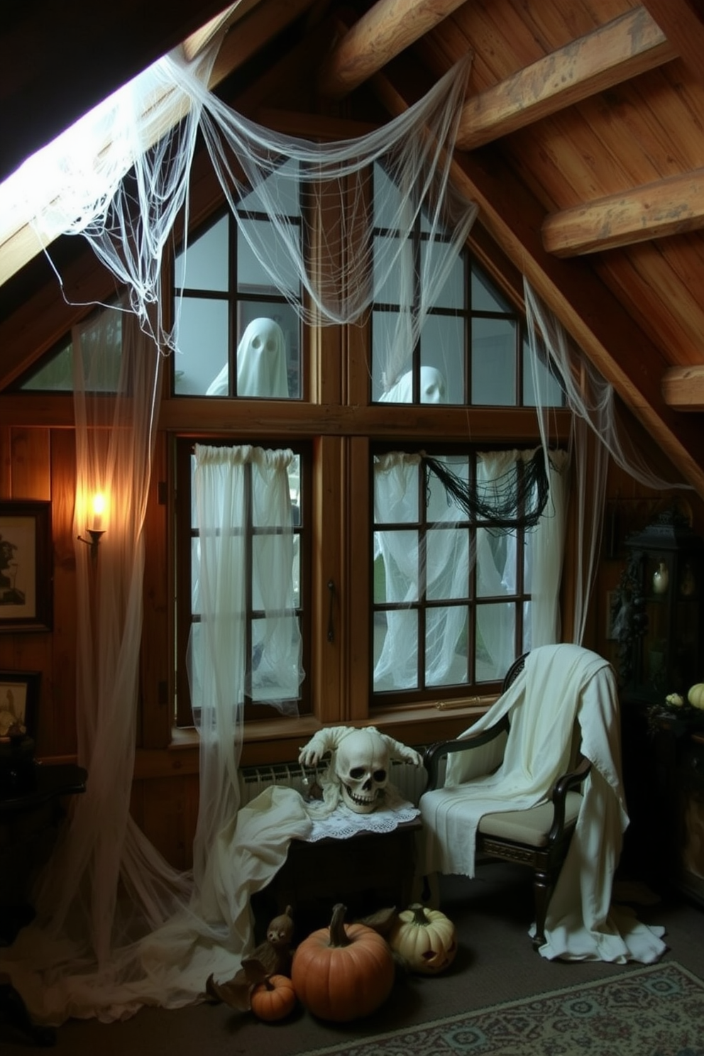 A cozy attic space decorated for Halloween. The floor is covered with a large rug featuring vibrant Halloween patterns and colors, including pumpkins, ghosts, and bats. Strings of orange and purple lights hang from the rafters, casting a warm glow. Vintage Halloween decorations, such as old lanterns and spooky figurines, are placed on shelves and tables throughout the room.