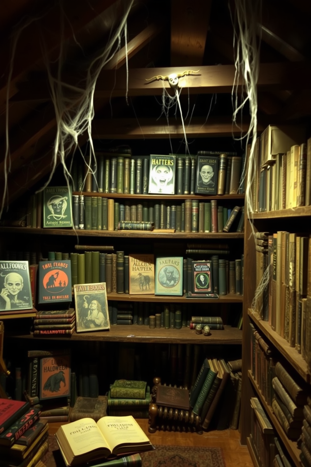 A whimsical Halloween attic filled with glass jars of mysterious contents. The jars are arranged on rustic wooden shelves, each containing colorful potions, preserved curiosities, and eerie lighting that casts shadows across the room.