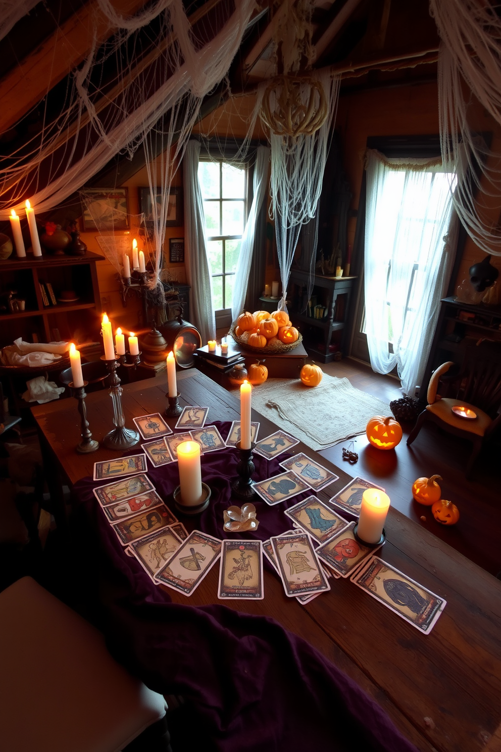 A wreath made of black feathers and bats hangs on a rustic wooden door, creating a spooky yet elegant entrance. Inside the attic, cobwebs drape from the beams, and vintage Halloween decorations are artfully arranged on an old trunk, adding to the eerie ambiance.