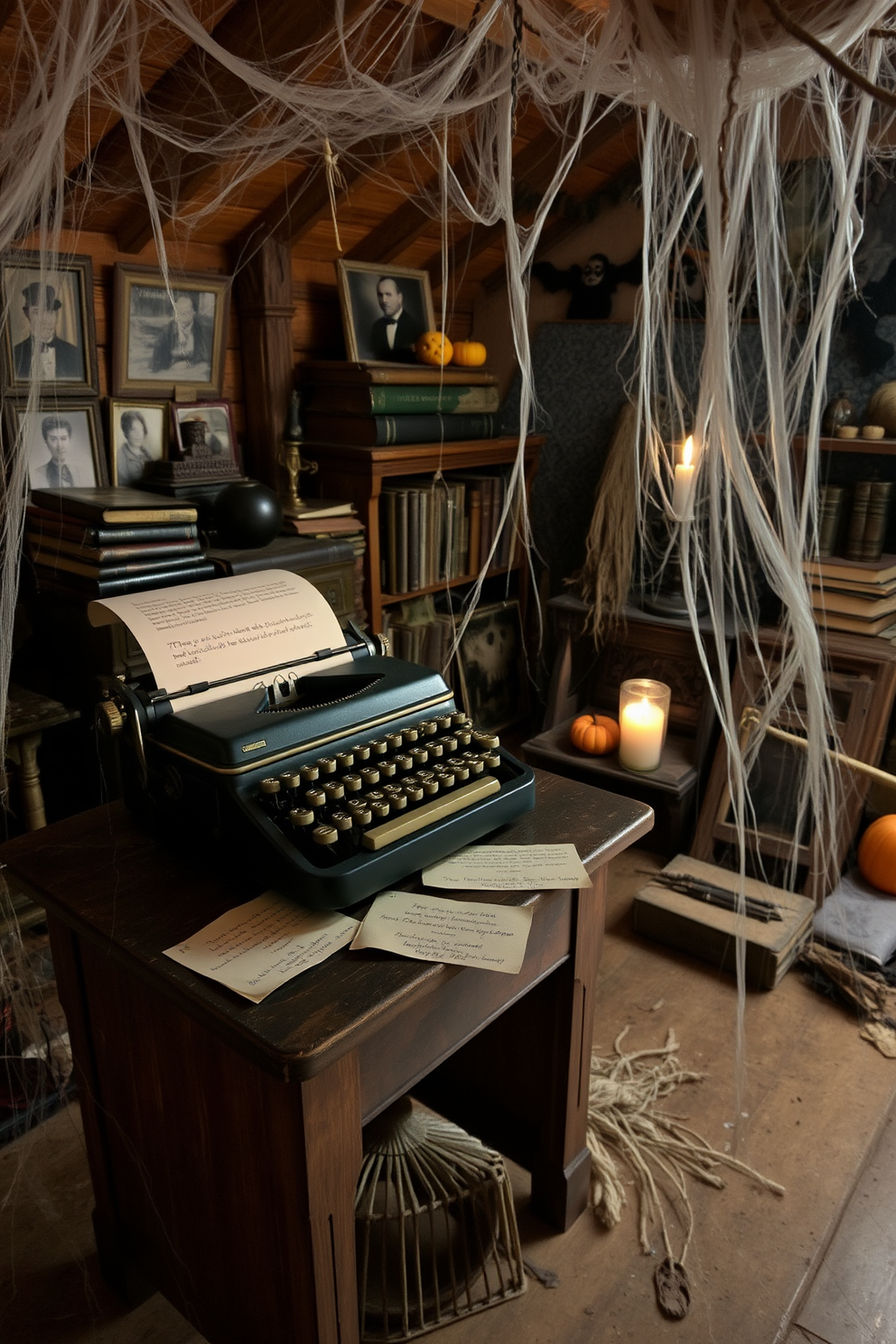 A cozy attic space adorned with hanging string lights shaped like pumpkins creates a festive atmosphere. The warm glow of the lights illuminates the rustic wooden beams and complements the autumn-themed decorations scattered throughout the room.