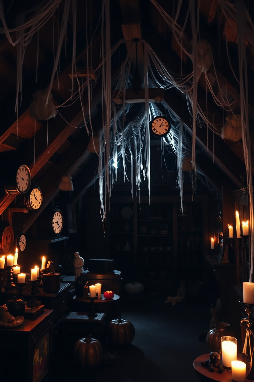 A whimsical attic space decorated for Halloween. The room features decorative skulls arranged on shelves, with cobwebs draping from the beams above.