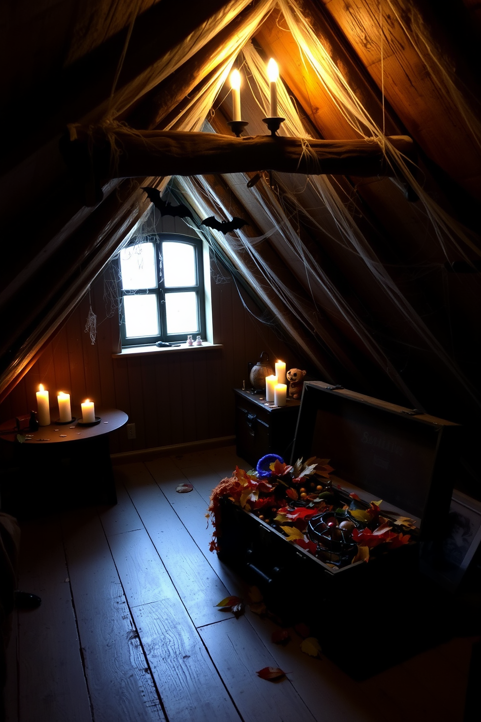 A hauntingly beautiful attic space decorated for Halloween. Ghostly figures dangle from the rafters, swaying gently in the dim light, while cobwebs adorn the corners, creating an eerie yet enchanting atmosphere.