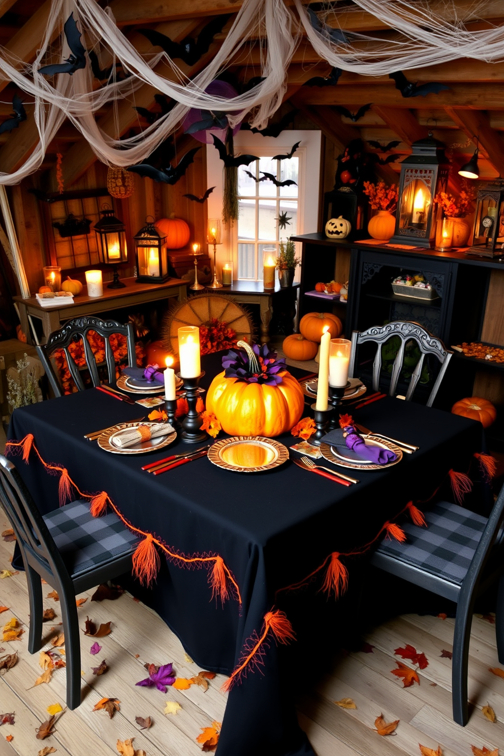 A cozy attic space transformed for Halloween. The walls are adorned with spooky artwork featuring ghosts, pumpkins, and cobwebs, creating a festive atmosphere. Vintage decorations are scattered throughout the room, including an old trunk filled with autumn leaves. Soft lighting casts eerie shadows, enhancing the Halloween spirit while maintaining a warm ambiance.