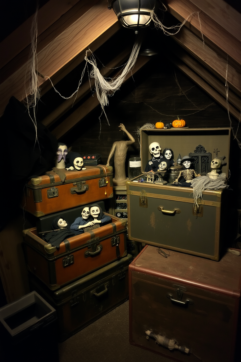 A cozy attic filled with vintage trunks overflowing with creepy props. Cobwebs drape from the rafters, and dim lighting casts eerie shadows across the room.