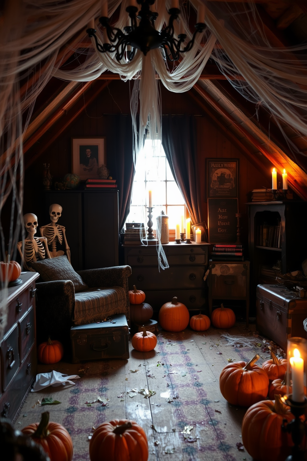 A cozy attic space adorned with black and orange themed decorations for Halloween. The walls are draped with black fabric, and orange fairy lights twinkle from the beams above, creating a festive atmosphere. A collection of carved pumpkins sits on a rustic wooden table, surrounded by black lace table runners. Spooky artwork featuring ghosts and bats is hung on the walls, adding to the Halloween spirit.