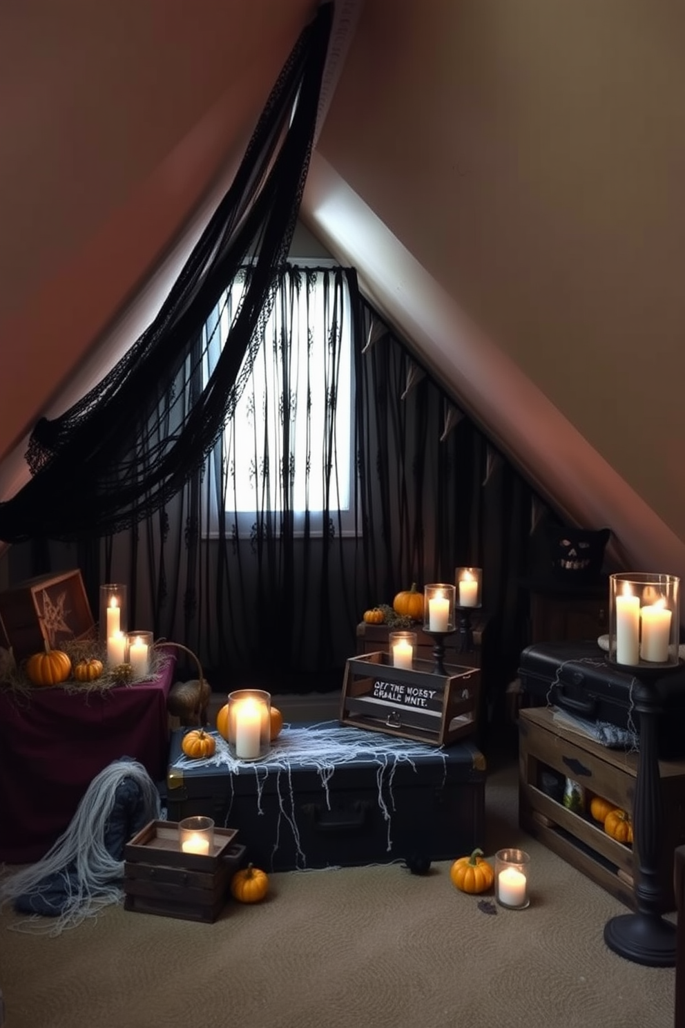 Create a whimsical Halloween attic scene filled with pumpkins of various sizes and colors. The space is adorned with cobwebs and vintage decorations, creating an enchanting atmosphere perfect for the holiday.