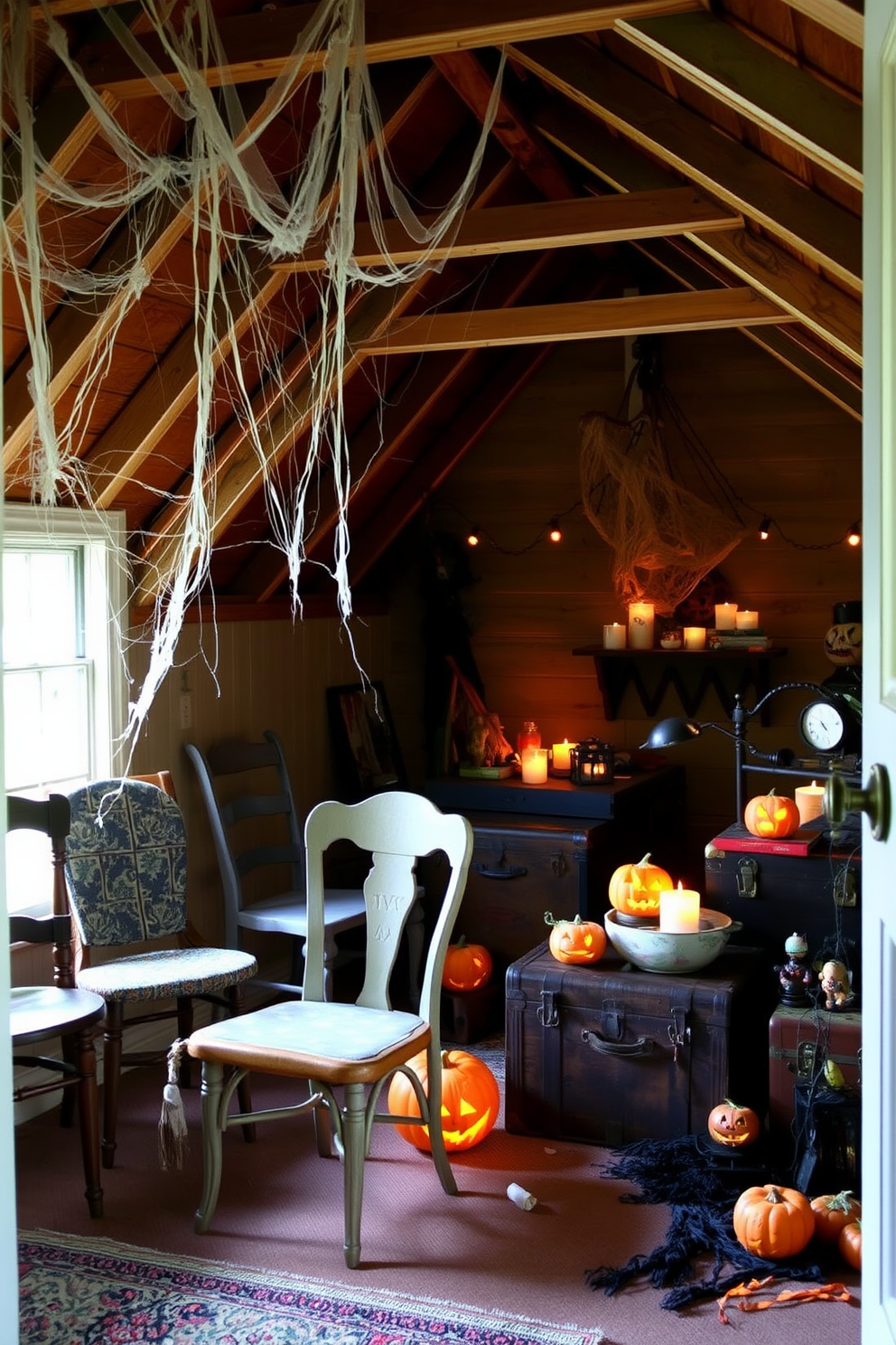 A spooky attic setting filled with Halloween decorations. Cobwebs hang from the rafters, and a mysterious fog machine is placed in the corner, creating an eerie ambiance. Old trunks and vintage suitcases are stacked in one area, filled with creepy props like skeletons and witches hats. Dim lighting casts shadows across the room, enhancing the mysterious atmosphere.