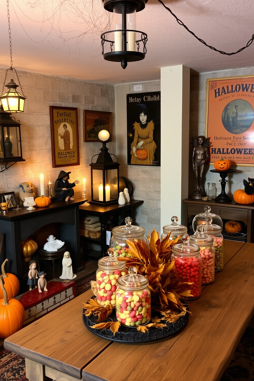 A cozy basement setting illuminated by flickering candlelight creates a moody ambiance perfect for Halloween. Dark walls are adorned with spooky decorations, while a rustic wooden table holds an array of carved pumpkins and eerie props.