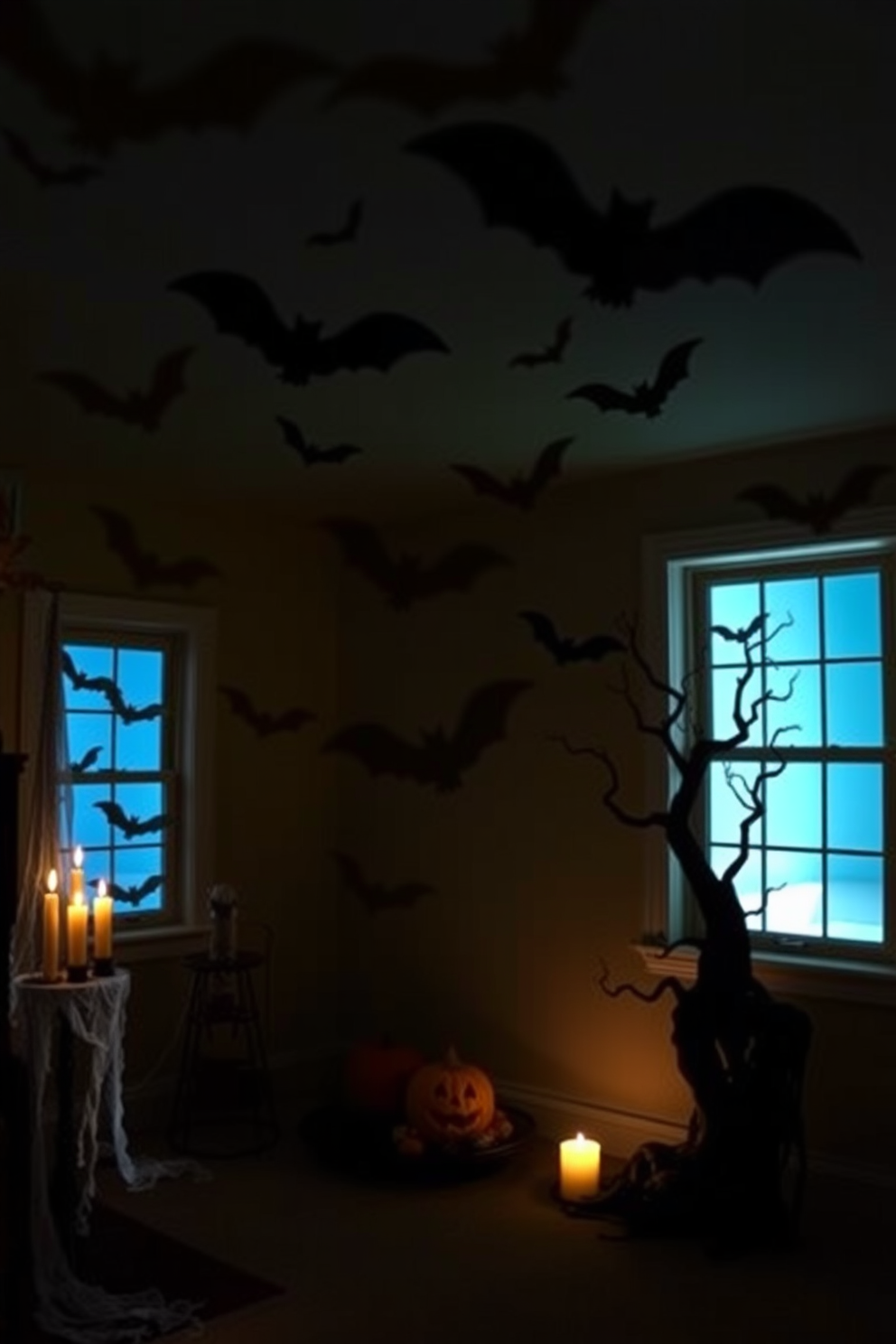 A life-sized witch stands ominously in the corner of a dimly lit basement adorned for Halloween. The witch is dressed in tattered black robes, with a pointed hat casting a shadow over her face, surrounded by cobwebs and flickering candlelight.