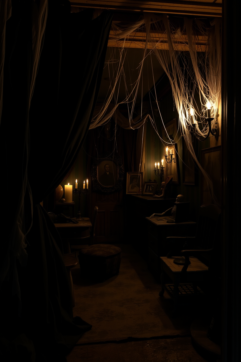 A dimly lit basement adorned with shelves filled with an array of mysterious potion bottles in various shapes and sizes. The walls are painted in deep shades of purple and black, creating an eerie atmosphere perfect for Halloween. Cobwebs drape from the ceiling, and flickering candles cast shadows across the room. A vintage cauldron sits in the corner, surrounded by scattered dried herbs and spooky decorations.