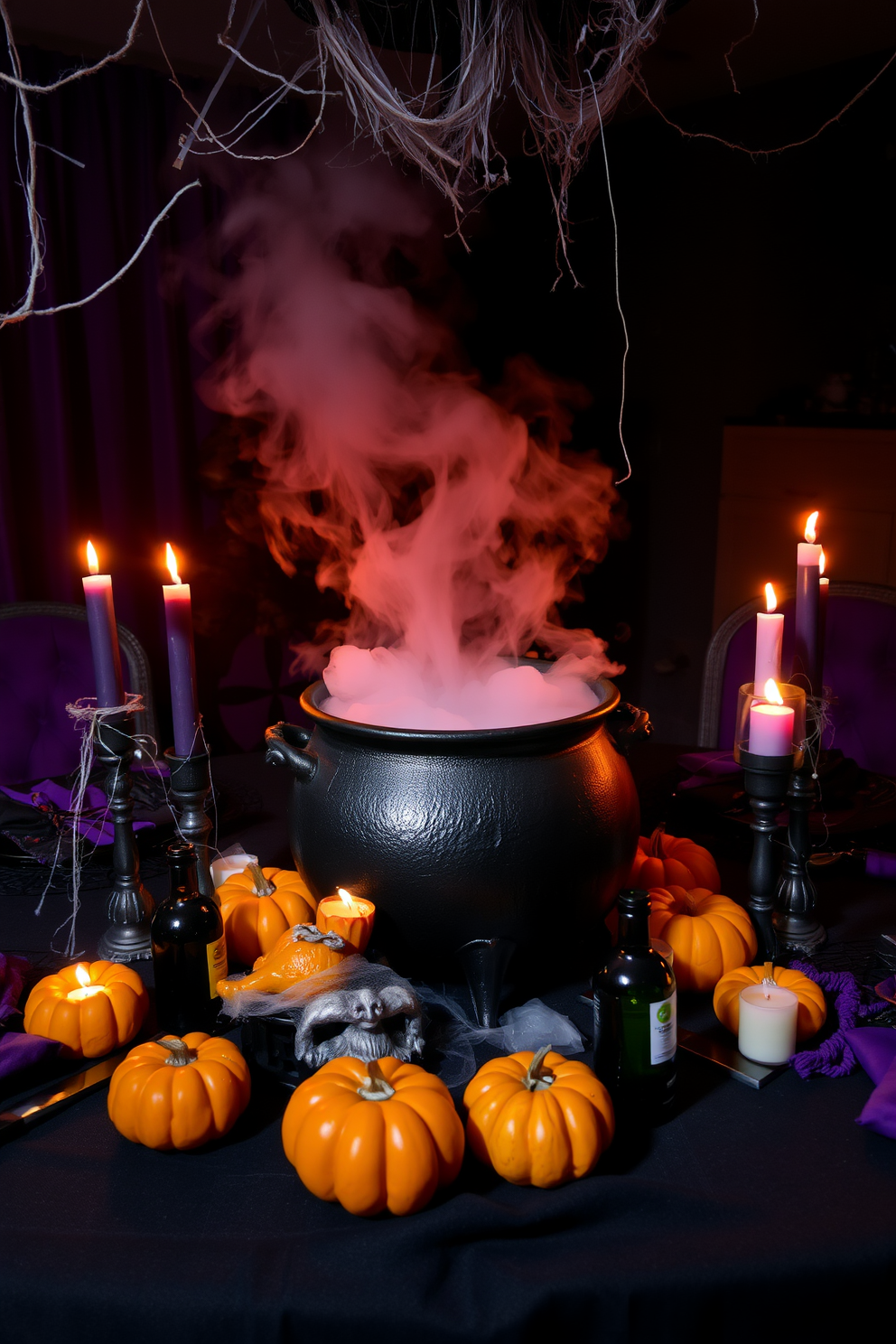 A dimly lit basement filled with eerie decorations. Cobwebs drape from the ceiling, and flickering candles cast unsettling shadows on the walls. A vintage record player sits in the corner, playing creepy sound effects that echo throughout the space. Ghostly figures and spooky props are strategically placed to create a chilling atmosphere.