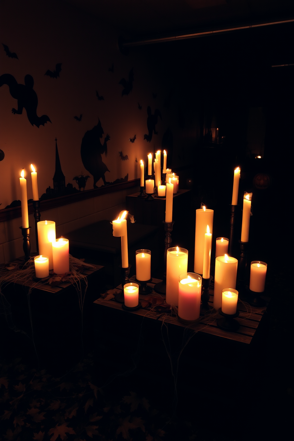 A dimly lit basement with cobwebs hanging from the ceiling creates an eerie atmosphere. Ghostly figures appear in the windows, draped in sheer white fabric, enhancing the haunting vibe of the space. Pumpkins with carved faces are scattered around, casting flickering shadows with the help of strategically placed candles. Spooky decorations like skeletons and bats adorn the walls, adding to the Halloween spirit.