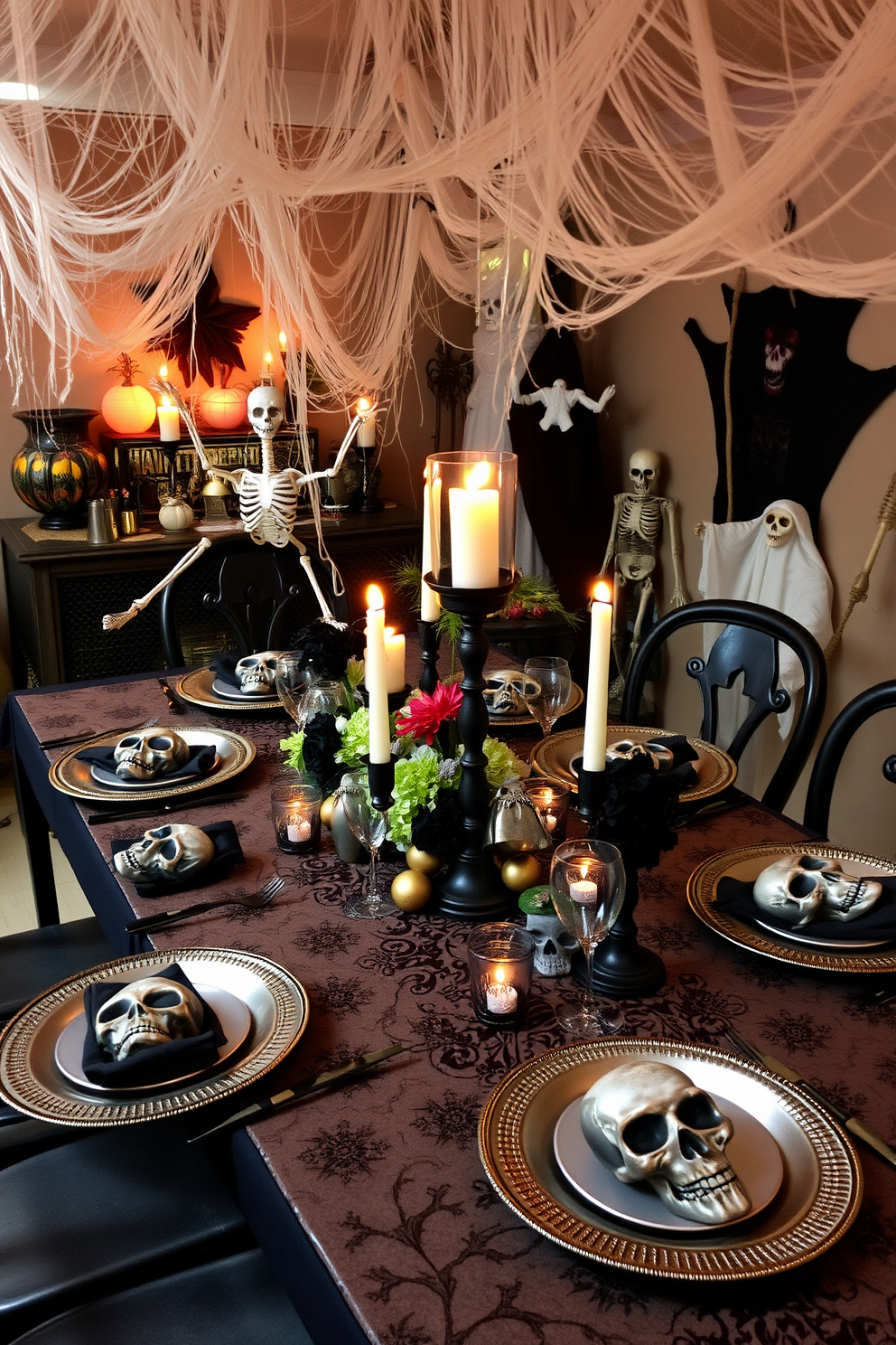 A spooky basement setting adorned with decorative skulls placed on various tabletops. The dim lighting casts eerie shadows, enhancing the Halloween atmosphere with cobwebs draping from the ceiling.