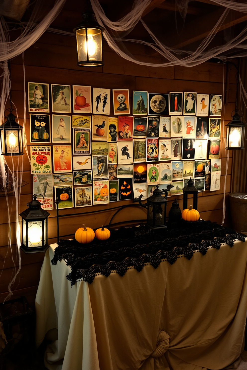 A cozy basement space adorned with hanging lanterns that cast flickering lights across the room. The walls are painted a deep, rich color, and the floor is covered with a plush area rug to create a warm ambiance for Halloween festivities.