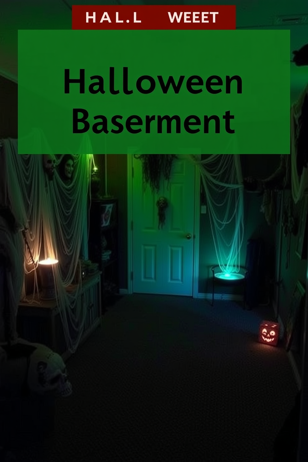 Chilling wall art featuring eerie landscapes and haunting figures adorns the walls of the basement. Dim lighting casts shadows that enhance the spooky atmosphere, creating a perfect backdrop for Halloween festivities.