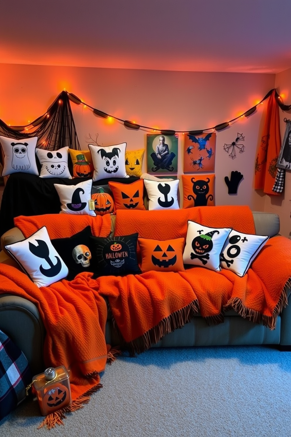 A cozy basement adorned with vintage Halloween decorations creates an inviting atmosphere for the spooky season. Strings of orange and purple lights drape across the ceiling, illuminating old-fashioned lanterns and carved pumpkins placed on wooden shelves. In one corner, a collection of antique masks hangs on the wall, while a vintage table is covered with an array of classic Halloween candies in glass jars. Cobwebs are artfully arranged in the corners, adding a touch of eerie charm to the overall decor.