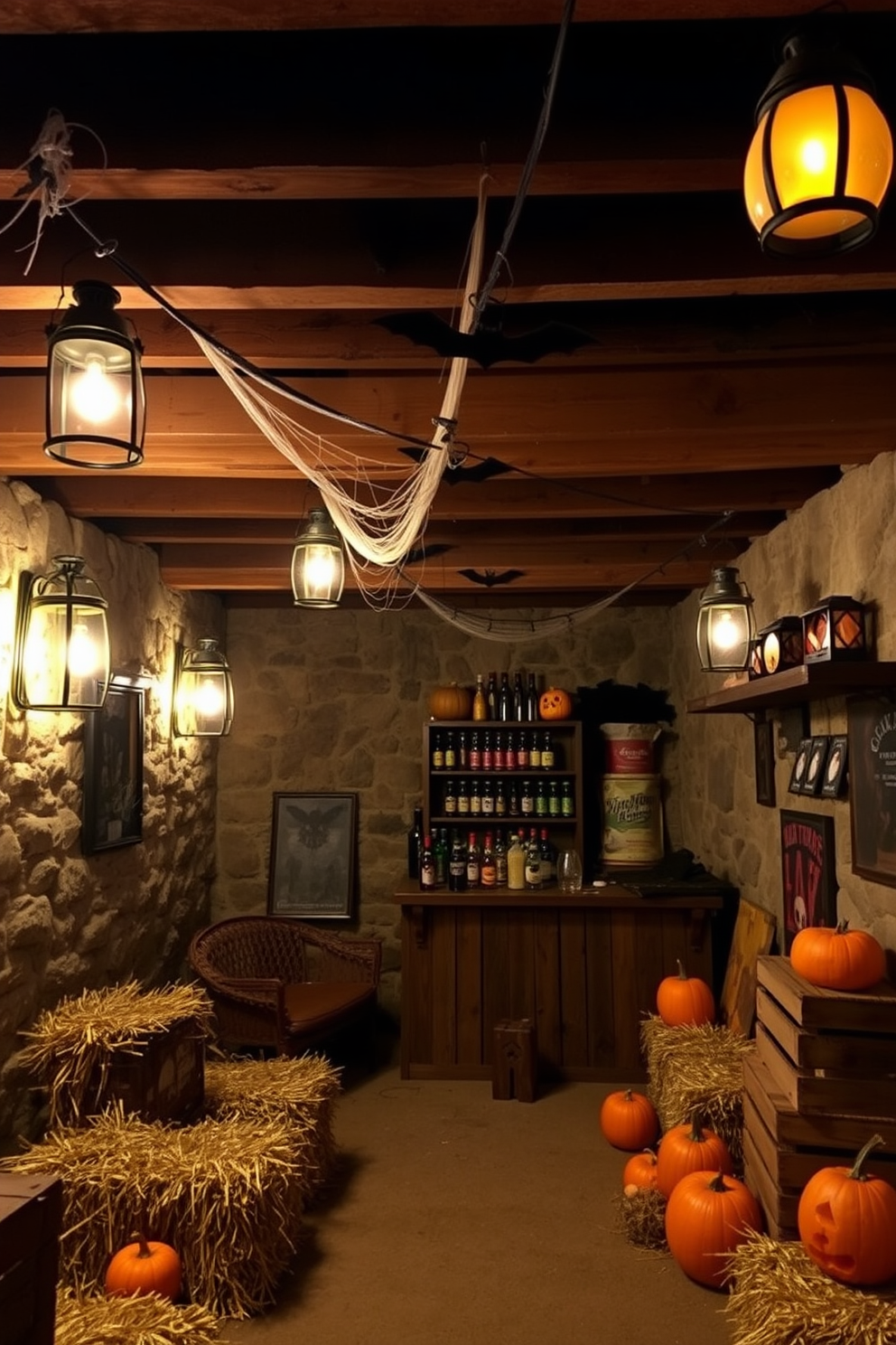 Create an inviting Halloween-themed basement designed for guest interaction. The space features a cozy seating area with plush cushions, surrounded by whimsical decorations like hanging bats and glowing pumpkins. Incorporate a DIY station where guests can create their own spooky crafts. Use warm lighting to enhance the festive atmosphere while maintaining a playful yet sophisticated vibe.