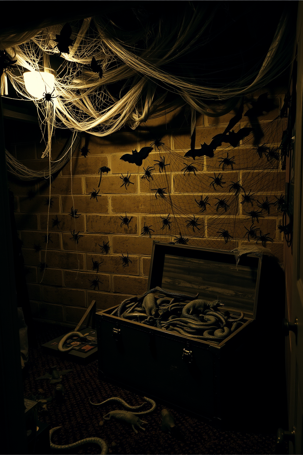 A haunted basement setting featuring a large, ornate mirror with a cracked surface that reflects eerie, ghostly figures. The walls are adorned with cobwebs and dimly lit candles, creating an unsettling atmosphere perfect for Halloween.