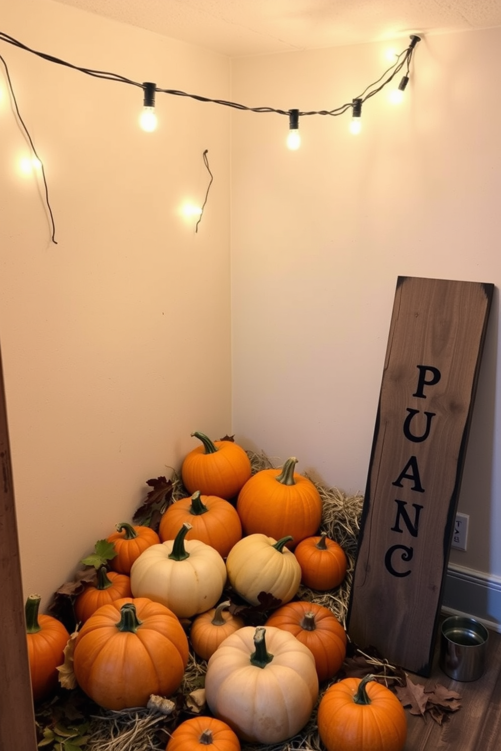 A cozy basement setting adorned with vintage Halloween movie posters. The walls are painted in a deep orange hue, creating a warm and festive atmosphere for the season. A rustic wooden shelf holds an assortment of spooky decorations, including carved pumpkins and ghostly figurines. Dim lighting from string lights adds an enchanting glow, enhancing the Halloween spirit throughout the space.