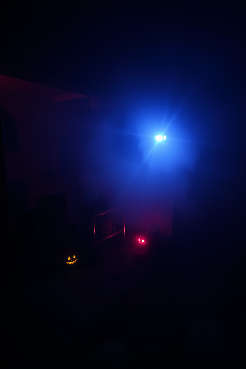 A spooky basement setting for Halloween. Skeletons are playfully peeking around corners, adding an eerie yet fun atmosphere to the space. The walls are adorned with cobwebs and dimly lit string lights. A collection of Halloween-themed decorations, such as pumpkins and ghosts, are scattered throughout the room.