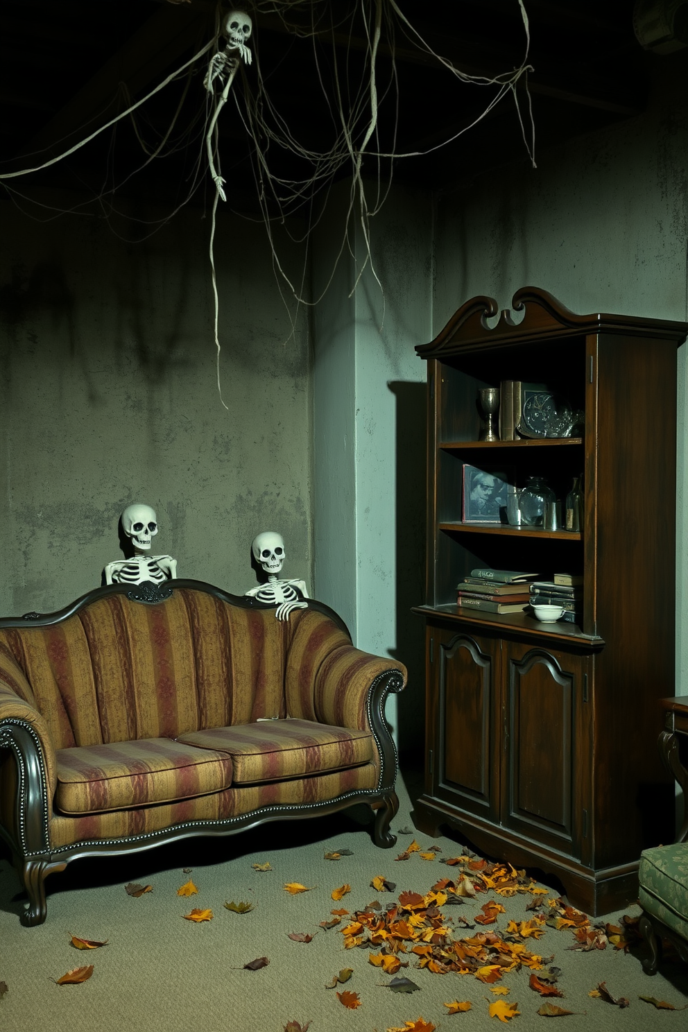 A dimly lit basement transformed into a spooky Halloween haven. Cobwebs drape from the ceiling while a fog machine fills the room with a mysterious haze. Flickering candles cast eerie shadows on the walls, enhancing the haunting ambiance. Life-sized skeletons and ghostly figures are strategically placed to surprise and delight guests.