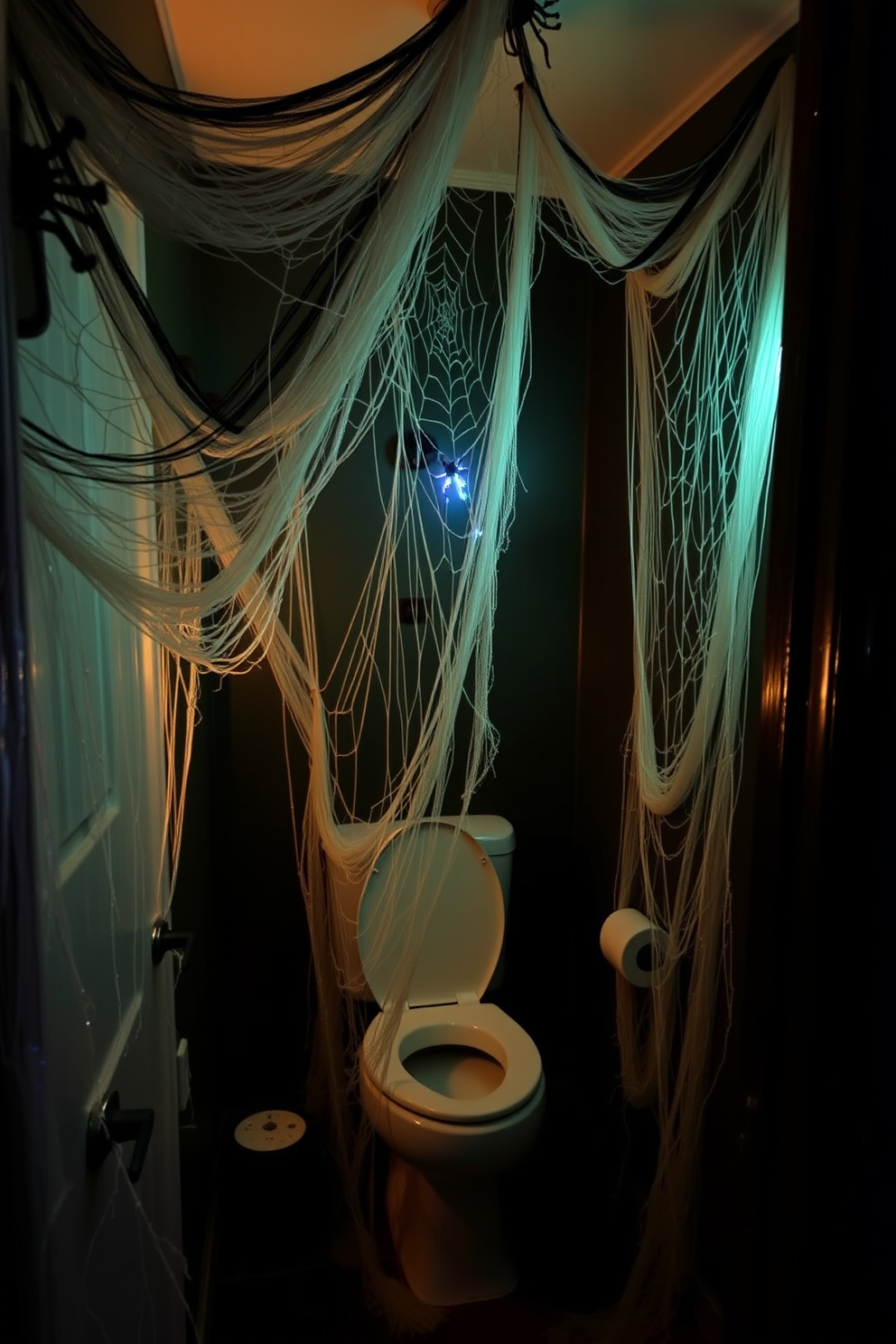 A spooky Halloween bathroom setting featuring spider web decorations intricately draped in the corners. The walls are adorned with dark, moody colors and eerie lighting to enhance the festive atmosphere.