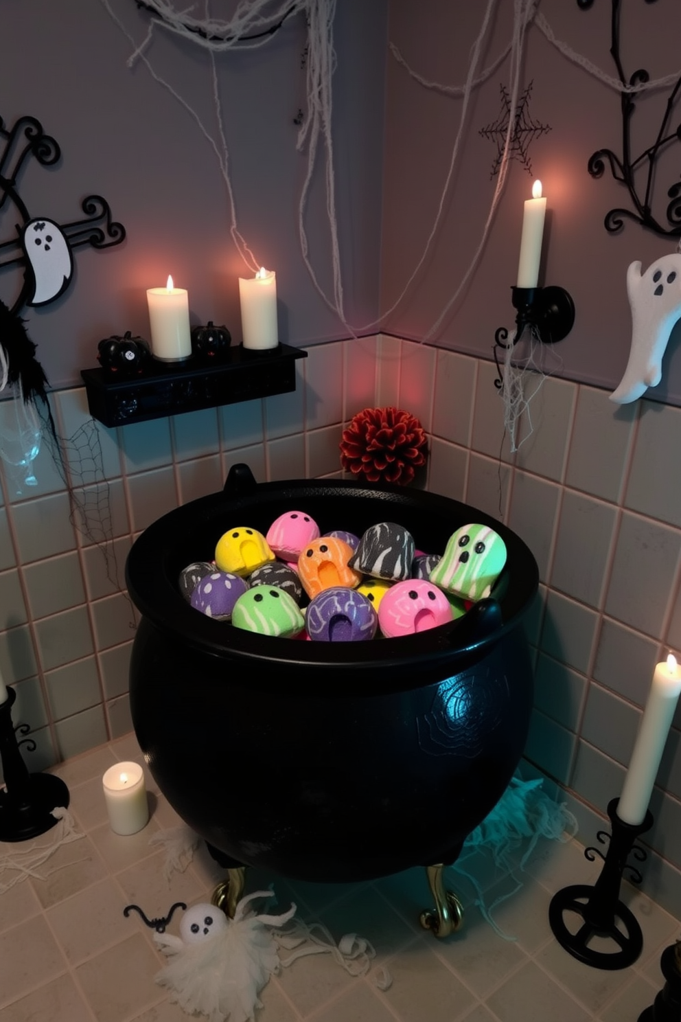 A spooky Halloween bathroom setting featuring a large black cauldron filled with colorful eerie bath bombs. The walls are adorned with ghostly decorations and cobwebs, while flickering candles cast a dim, atmospheric glow.