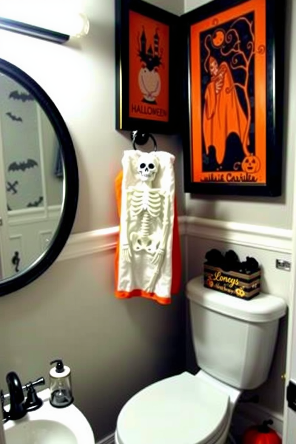 A whimsical bathroom setting featuring a skeleton hand towel holder that adds a playful touch to Halloween decor. The walls are adorned with spooky-themed artwork, and a black and orange color scheme enhances the festive atmosphere.