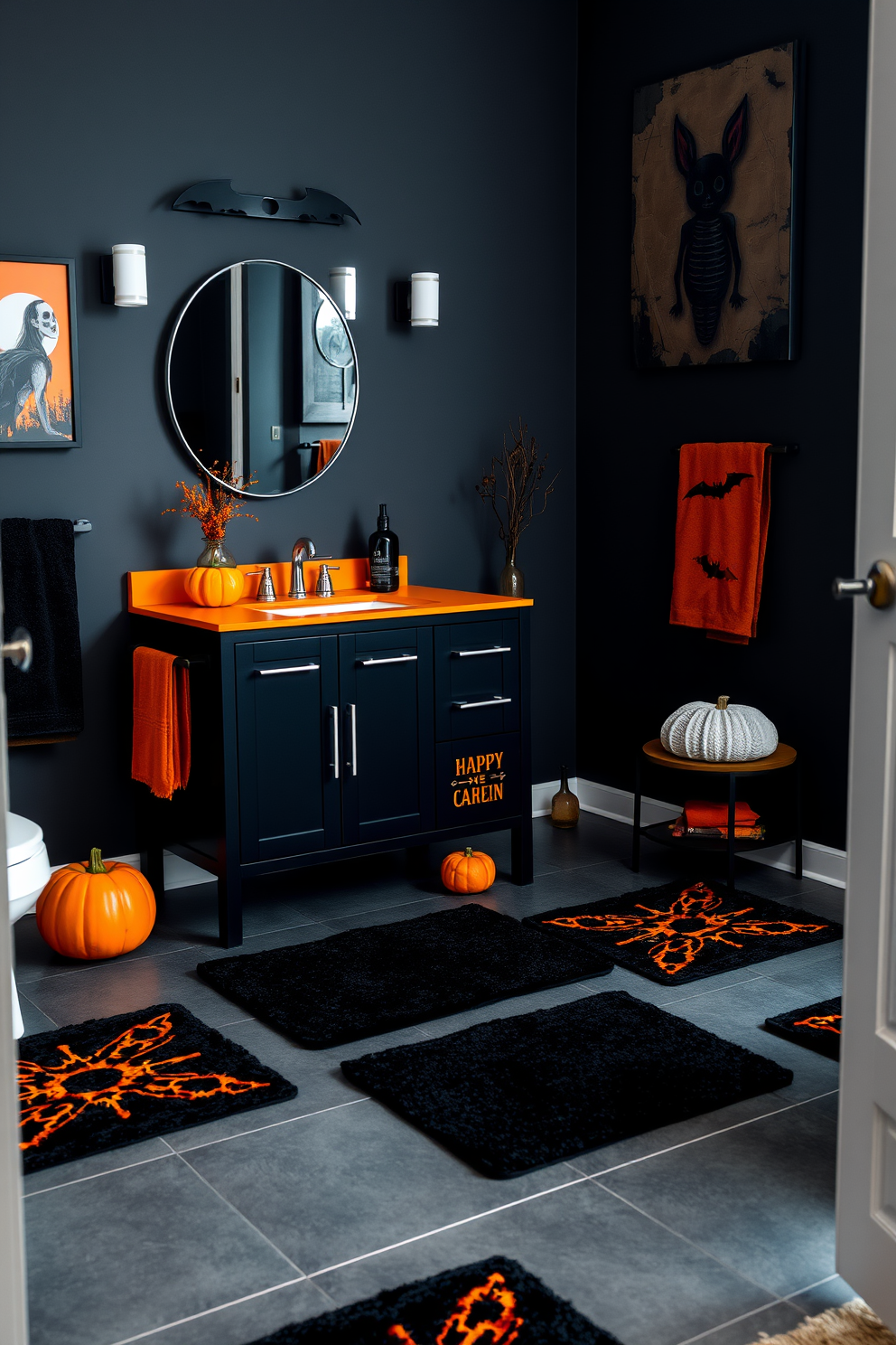 A stylish bathroom setting designed for Halloween. The floor is adorned with black and orange bath mats that create a festive atmosphere. The walls are painted in a deep charcoal gray, complemented by spooky-themed wall art. A sleek black vanity features an orange countertop, and decorative pumpkins are placed strategically throughout the space.