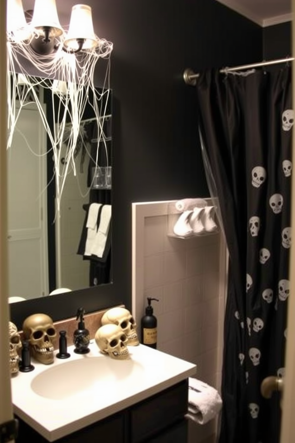 A Halloween-themed bathroom featuring creepy bath accessories. Skulls are strategically placed on the countertop and shelves, adding an eerie touch to the decor. The walls are painted in a dark, moody color to enhance the spooky atmosphere. Cobwebs are draped across the mirrors, and a black shower curtain with ghostly patterns completes the look.