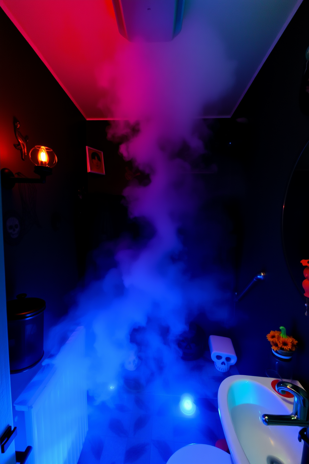 A Halloween-themed bathroom featuring a fog machine that creates a spooky atmosphere. The walls are adorned with eerie decorations, and dim lighting enhances the haunting vibe.