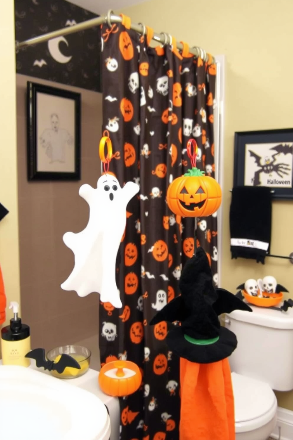 A whimsical Halloween bathroom scene featuring shower curtain hooks shaped like playful ghosts and pumpkins. The hooks are adorned with vibrant colors, adding a festive touch to a black and orange themed bathroom. The walls are decorated with spooky artwork and the shower curtain showcases a fun Halloween pattern. A few decorative accessories like bat-shaped soap dishes and a witch hat towel holder complete the enchanting atmosphere.