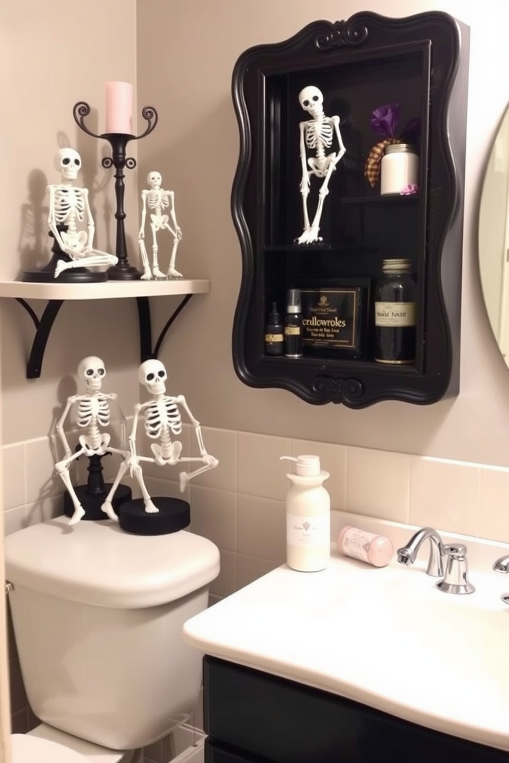 A charming bathroom decorated for Halloween. A chalkboard sign with whimsical Halloween quotes hangs on the wall, surrounded by festive decor like miniature pumpkins and ghostly accents.