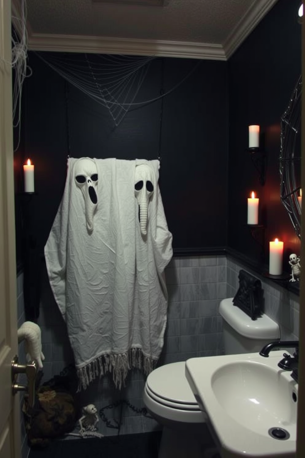 Ghostly figures peeking from behind towels create an eerie yet playful atmosphere in a Halloween-themed bathroom. The space features dark, moody colors with flickering candlelight and spooky decor elements like cobwebs and skeletons.