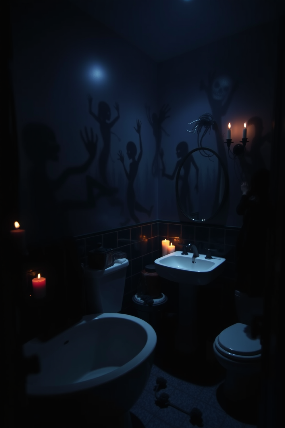 Eerie candle holders shaped like ghostly figures are scattered across the bathroom countertop, casting flickering shadows that dance along the walls. The mirrors reflect the haunting glow, enhancing the spooky atmosphere with a touch of elegance and mystery. A dark, moody color palette envelops the space, featuring deep purples and blacks that evoke a sense of Halloween enchantment. Cobwebs delicately drape from the corners, while a plush black rug adds comfort beneath the feet, completing the chilling yet stylish decor.