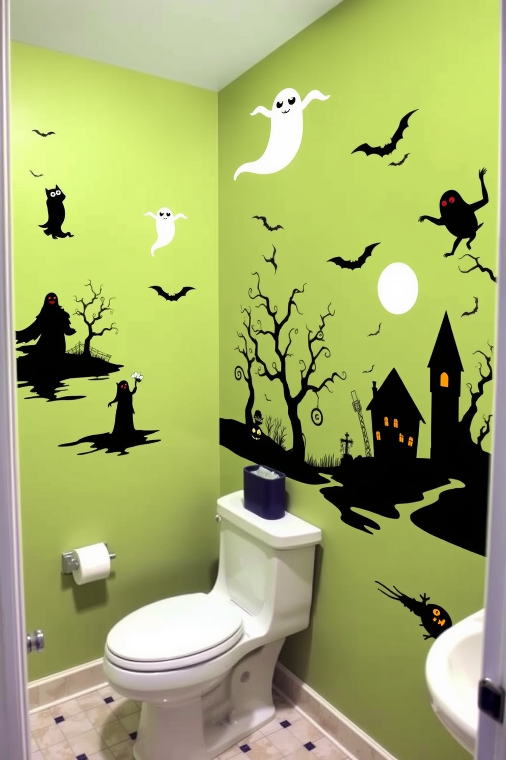 Spooky themed bath rugs that add a touch of comfort to your Halloween bathroom. The rugs feature playful designs such as ghosts, pumpkins, and cobwebs in vibrant colors to enhance the festive atmosphere.