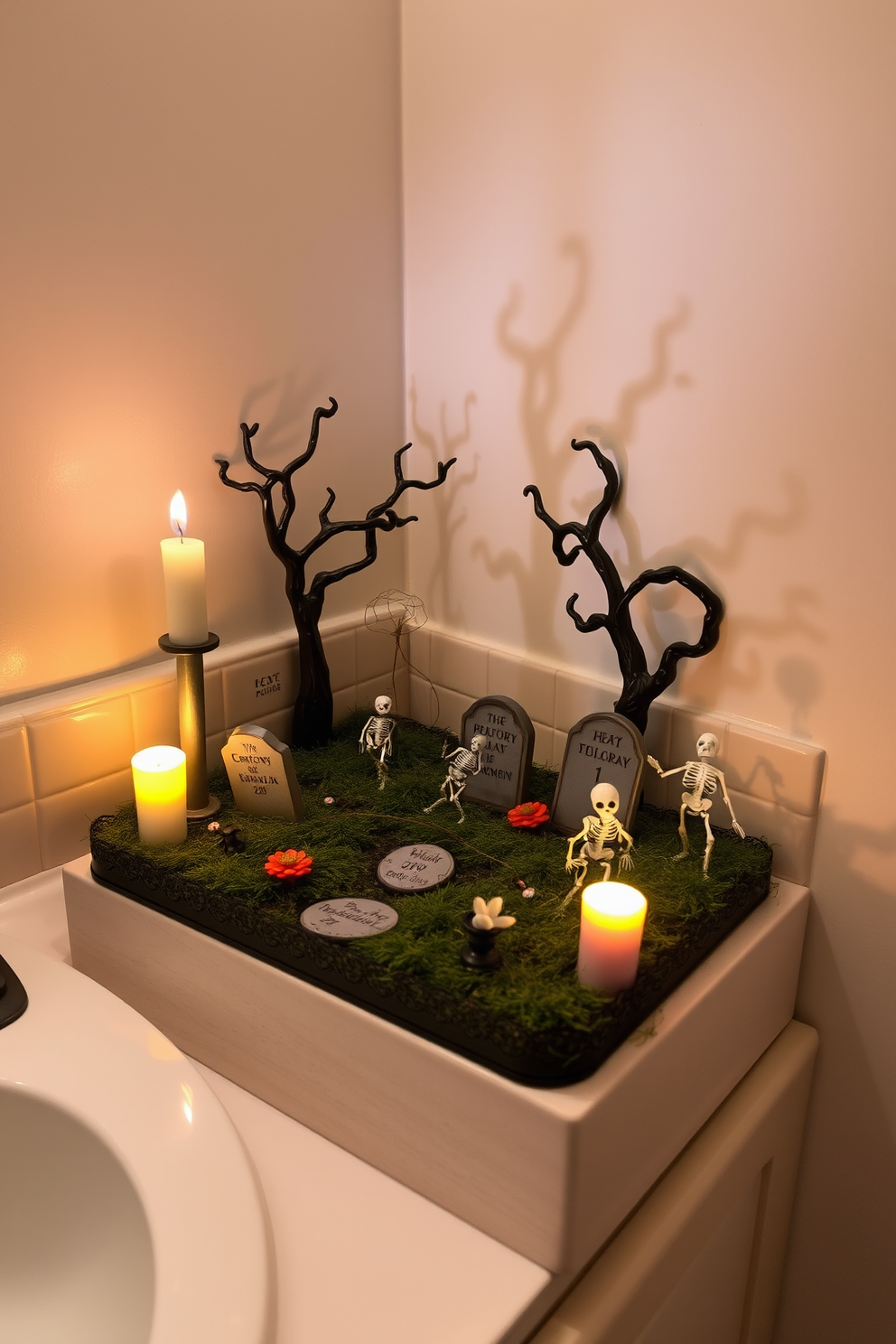 A whimsical miniature graveyard scene decorates the bathroom counter, featuring tiny tombstones and playful skeletons. Soft, flickering LED candles illuminate the scene, casting eerie shadows against the walls.