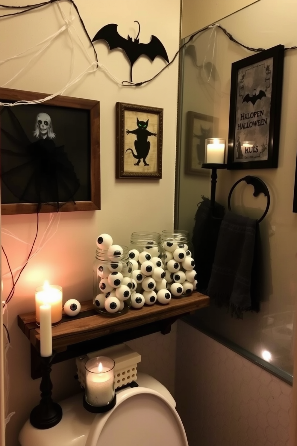 A whimsical miniature graveyard scene is set on the vanity, featuring tiny tombstones and spooky figurines. Flickering LED candles cast an eerie glow, enhancing the Halloween atmosphere in the bathroom. Surrounding the graveyard, autumn leaves and small pumpkins add a festive touch. The vanity is adorned with a black lace runner, creating a striking contrast against the bathroom's decor.