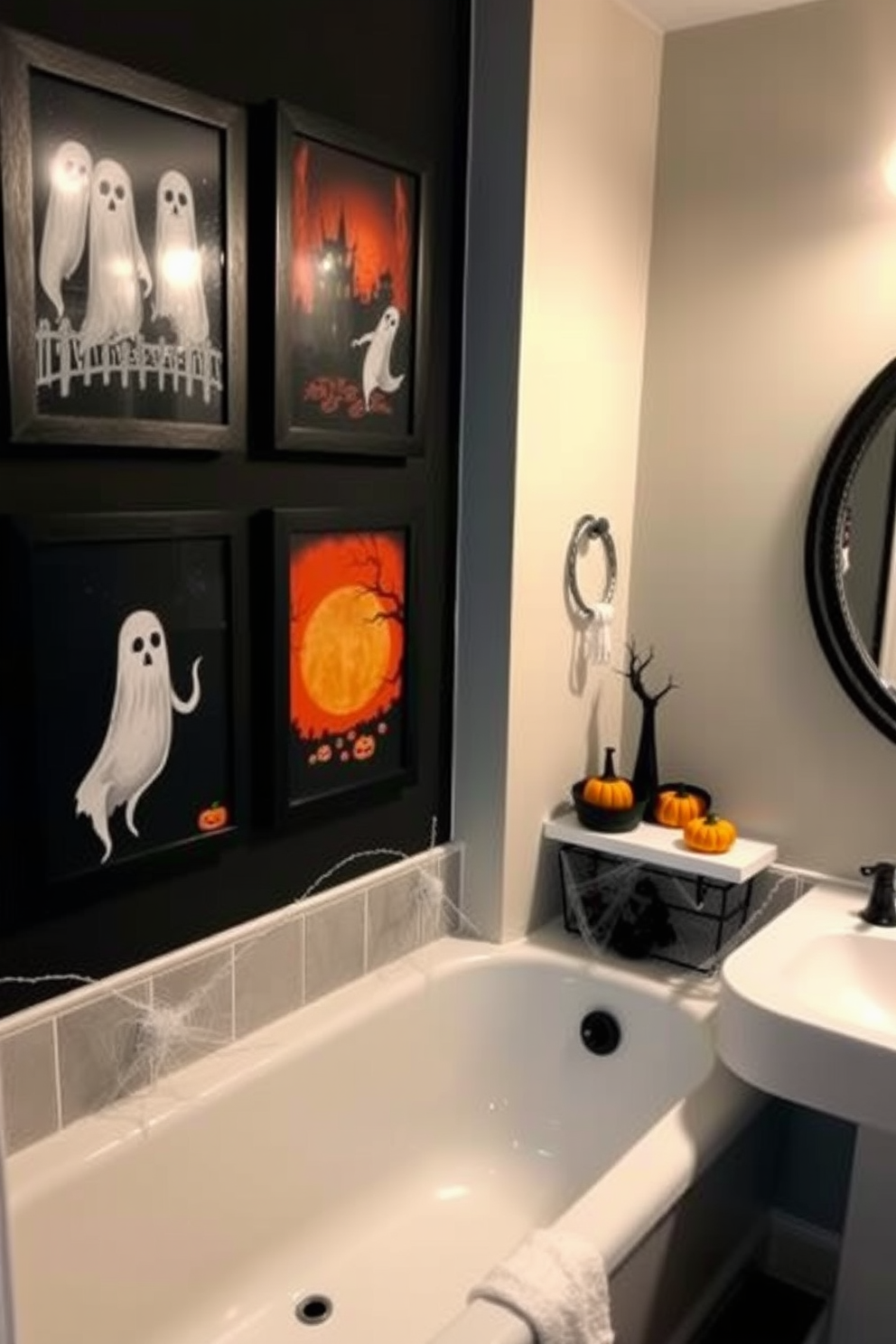 A whimsical Halloween-themed toilet paper holder shaped like a friendly ghost hangs on the wall, adding a playful touch to the bathroom. Surrounding the holder, festive decorations include miniature pumpkins and cobwebs, creating a fun and spooky atmosphere. For Halloween bathroom decorating ideas, the space features orange and black towels draped over the towel rack, complemented by a shower curtain adorned with cheerful bats. A decorative soap dispenser shaped like a witch's cauldron sits on the sink, enhancing the seasonal charm.